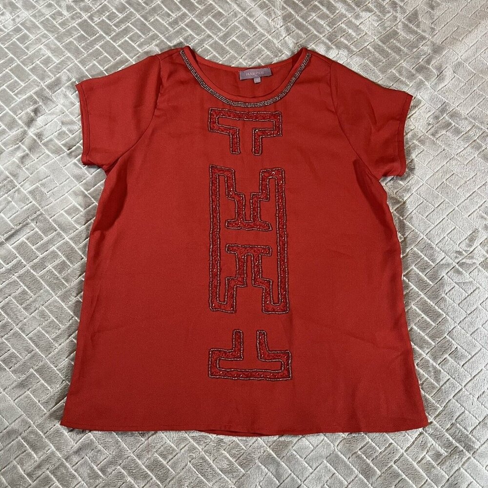 Harper Womens Small Shirt Red Beaded Chiffon Minimalist Boxy Lagenlook Boho